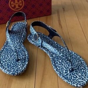 Tory Burch Navy Leopard Leather Minnie Travel Thong Sandals - NEW in box